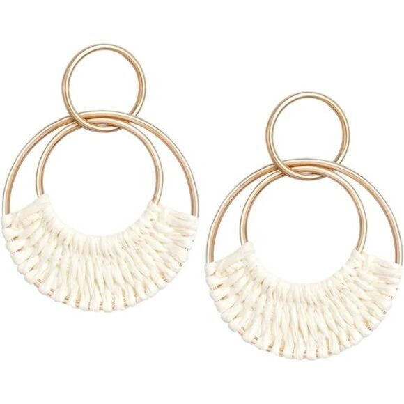 Raffia hoop earrings boho beach rattan dangle lightweight straw drop hoops - Picture 7 of 7